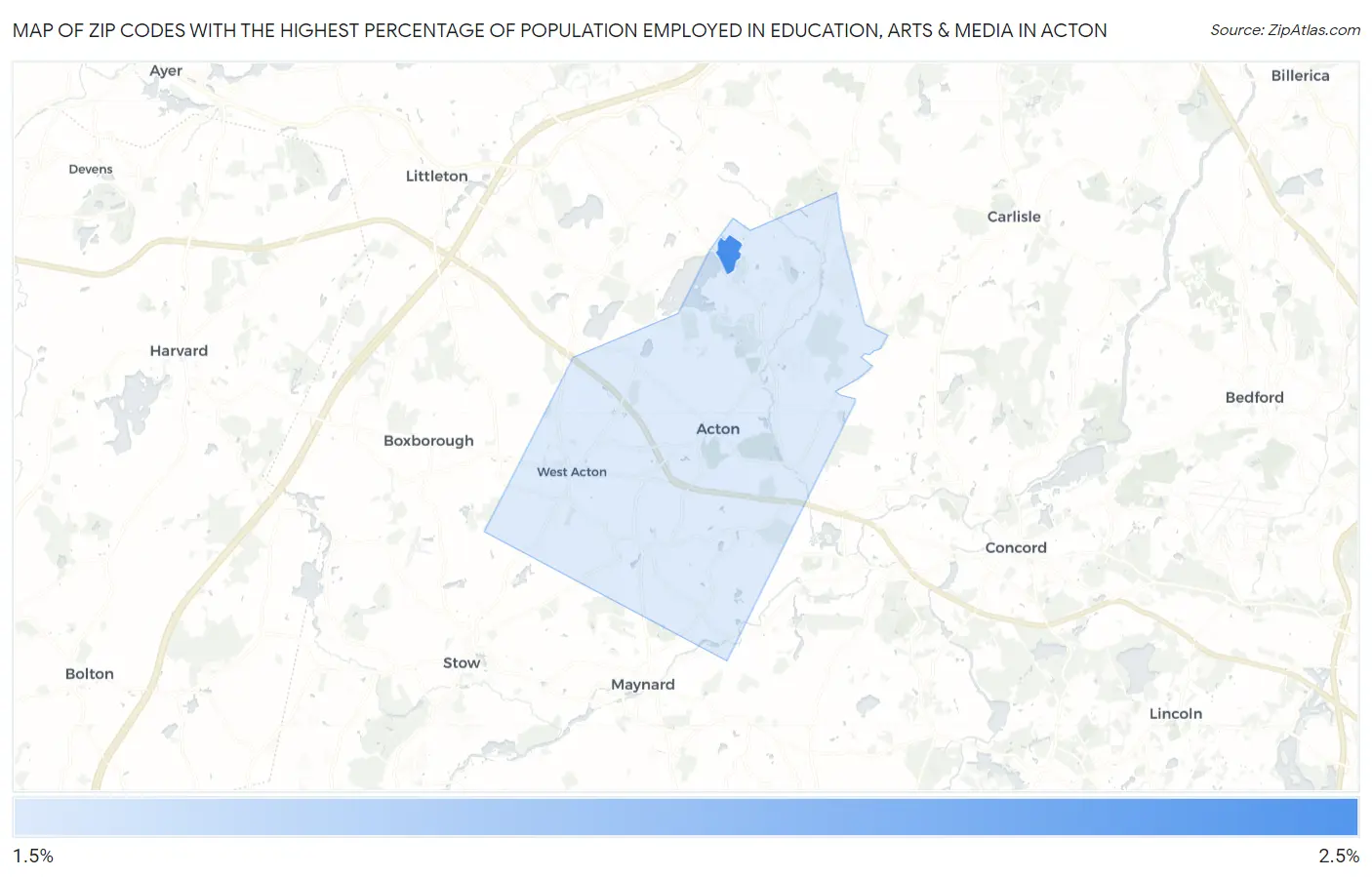 Zip Codes with the Highest Percentage of Population Employed in Education, Arts & Media in Acton Map