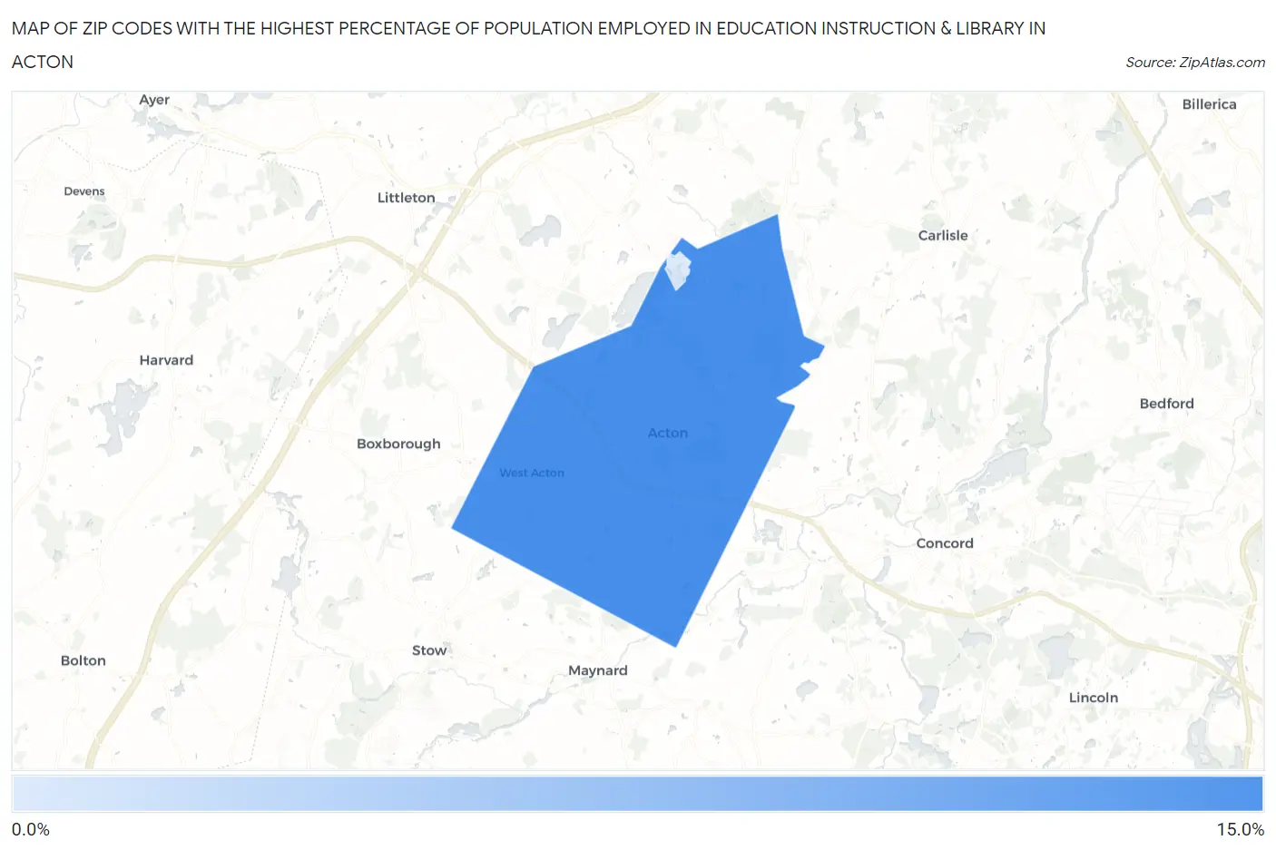 Zip Codes with the Highest Percentage of Population Employed in Education Instruction & Library in Acton Map