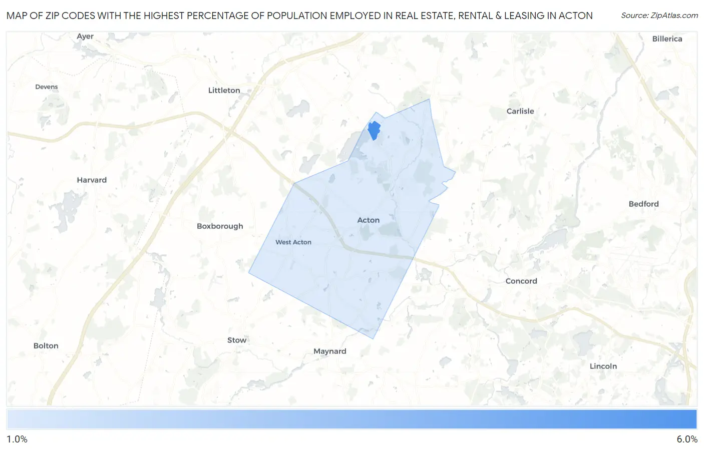 Zip Codes with the Highest Percentage of Population Employed in Real Estate, Rental & Leasing in Acton Map