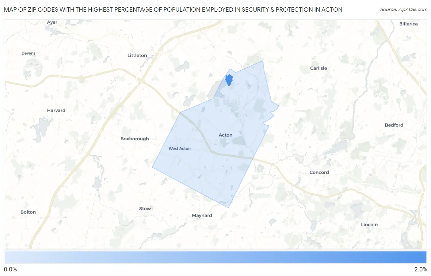 Zip Codes with the Highest Percentage of Population Employed in Security & Protection in Acton Map