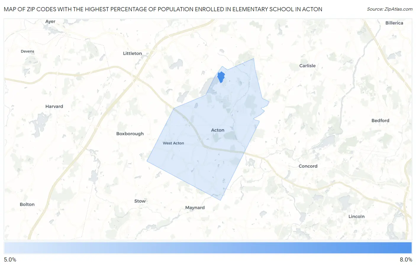Zip Codes with the Highest Percentage of Population Enrolled in Elementary School in Acton Map