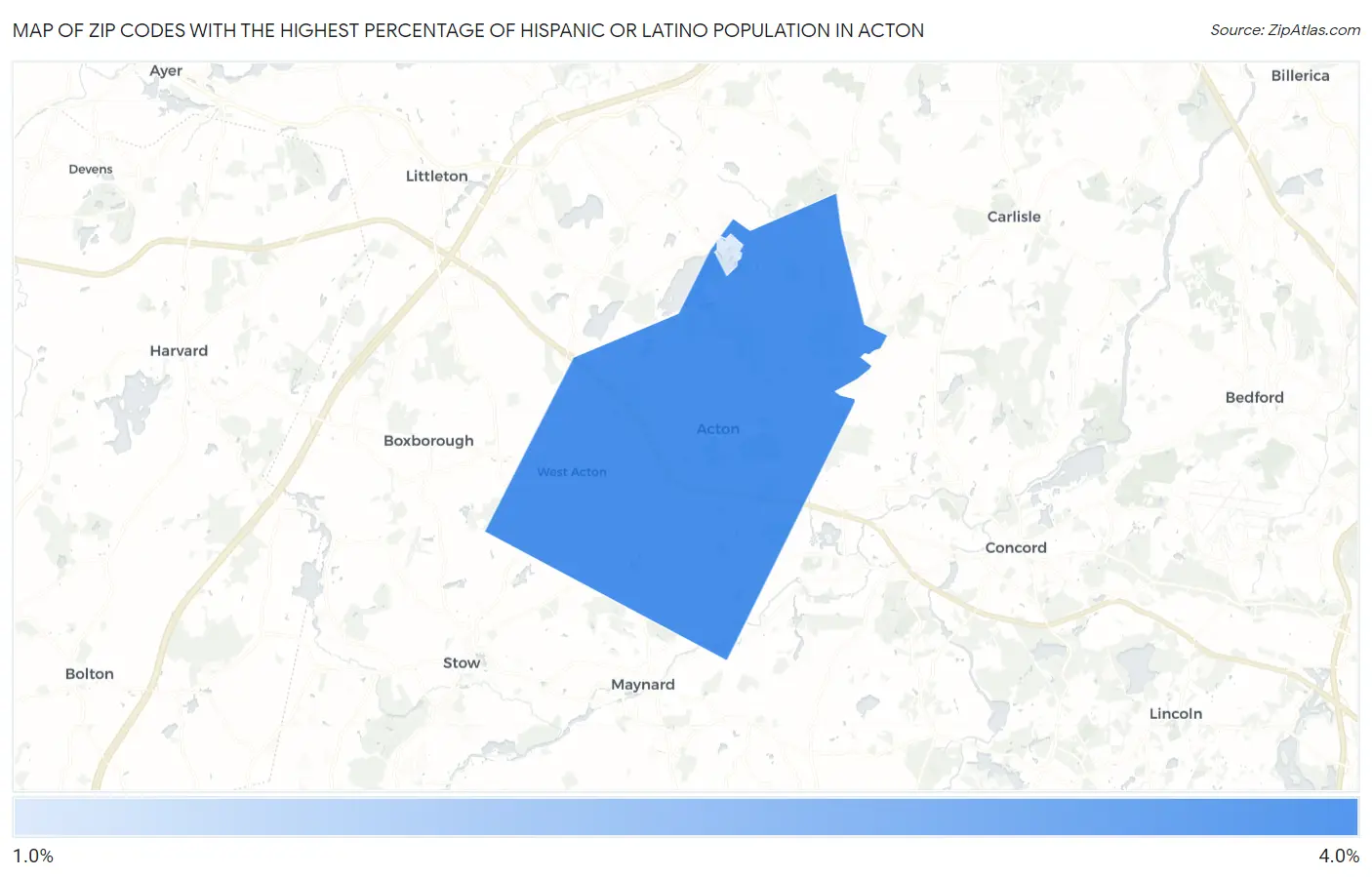 Zip Codes with the Highest Percentage of Hispanic or Latino Population in Acton Map