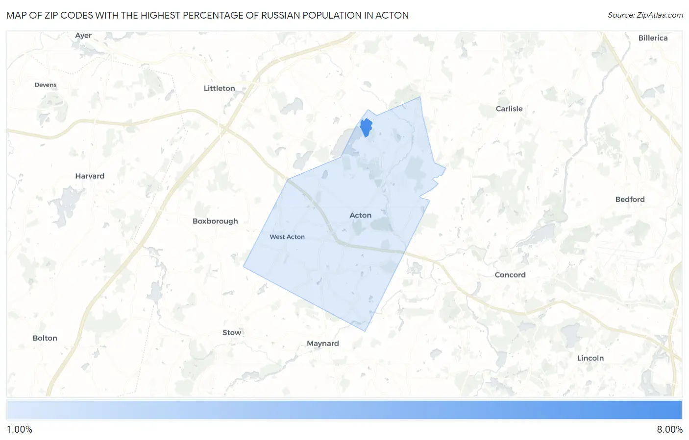 Zip Codes with the Highest Percentage of Russian Population in Acton Map
