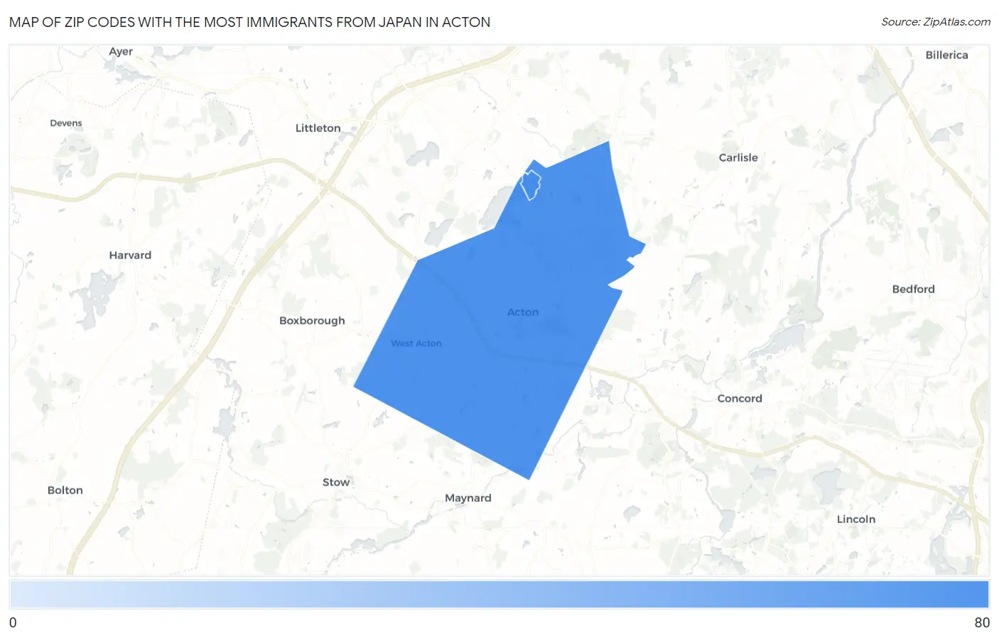 Zip Codes with the Most Immigrants from Japan in Acton Map
