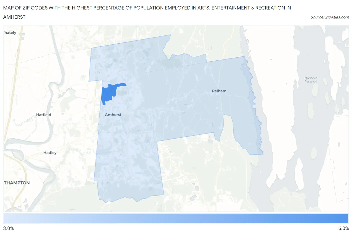 Zip Codes with the Highest Percentage of Population Employed in Arts, Entertainment & Recreation in Amherst Map