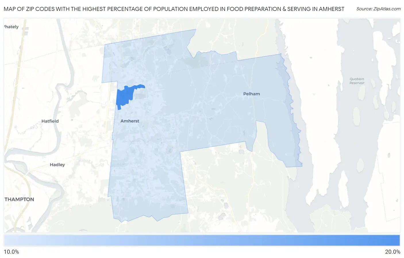 Zip Codes with the Highest Percentage of Population Employed in Food Preparation & Serving in Amherst Map