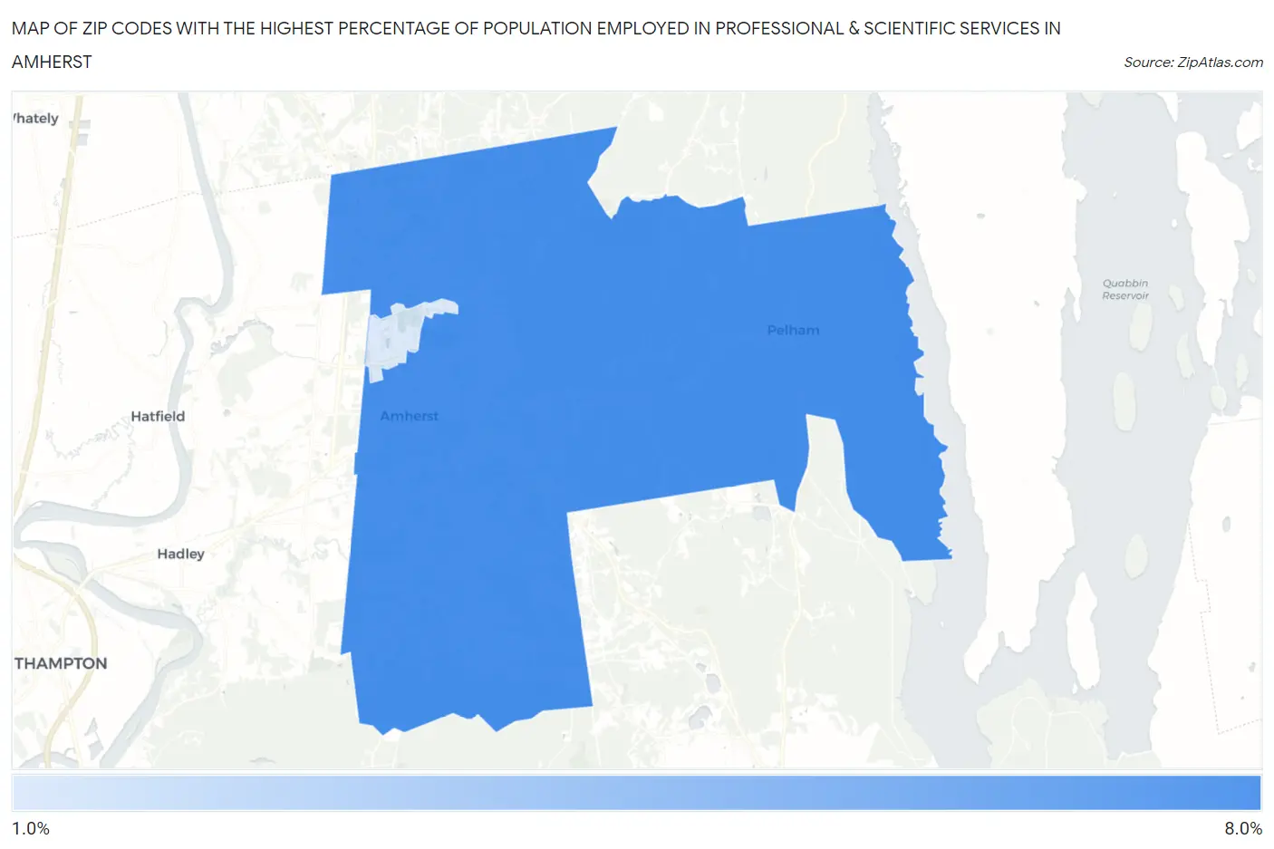 Zip Codes with the Highest Percentage of Population Employed in Professional & Scientific Services in Amherst Map