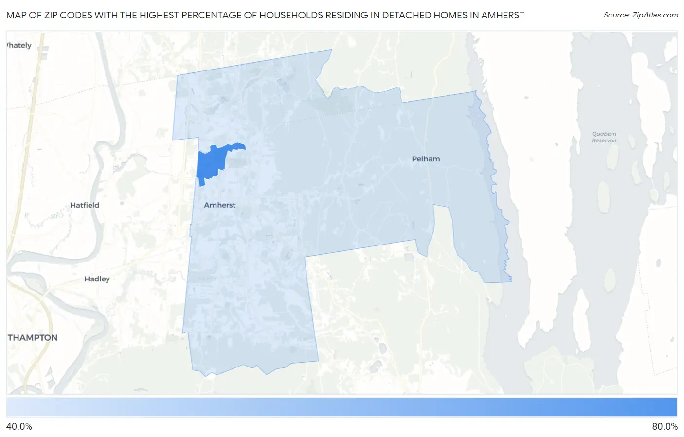 Zip Codes with the Highest Percentage of Households Residing in Detached Homes in Amherst Map