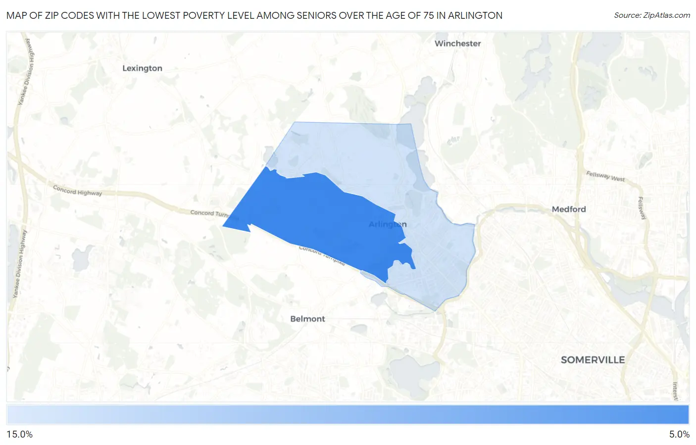Zip Codes with the Lowest Poverty Level Among Seniors Over the Age of 75 in Arlington Map