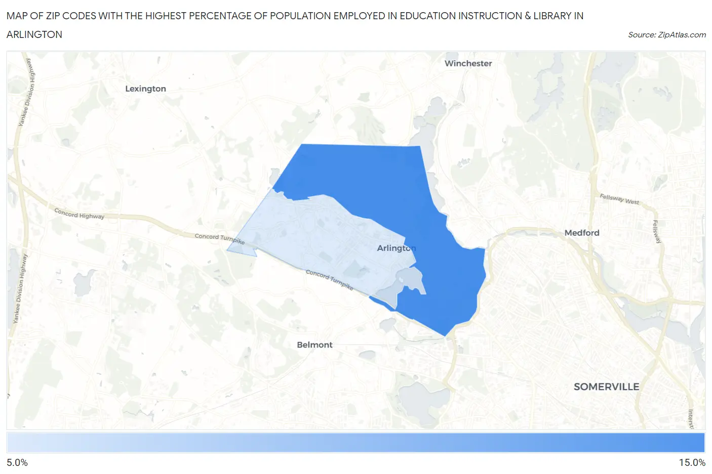Zip Codes with the Highest Percentage of Population Employed in Education Instruction & Library in Arlington Map