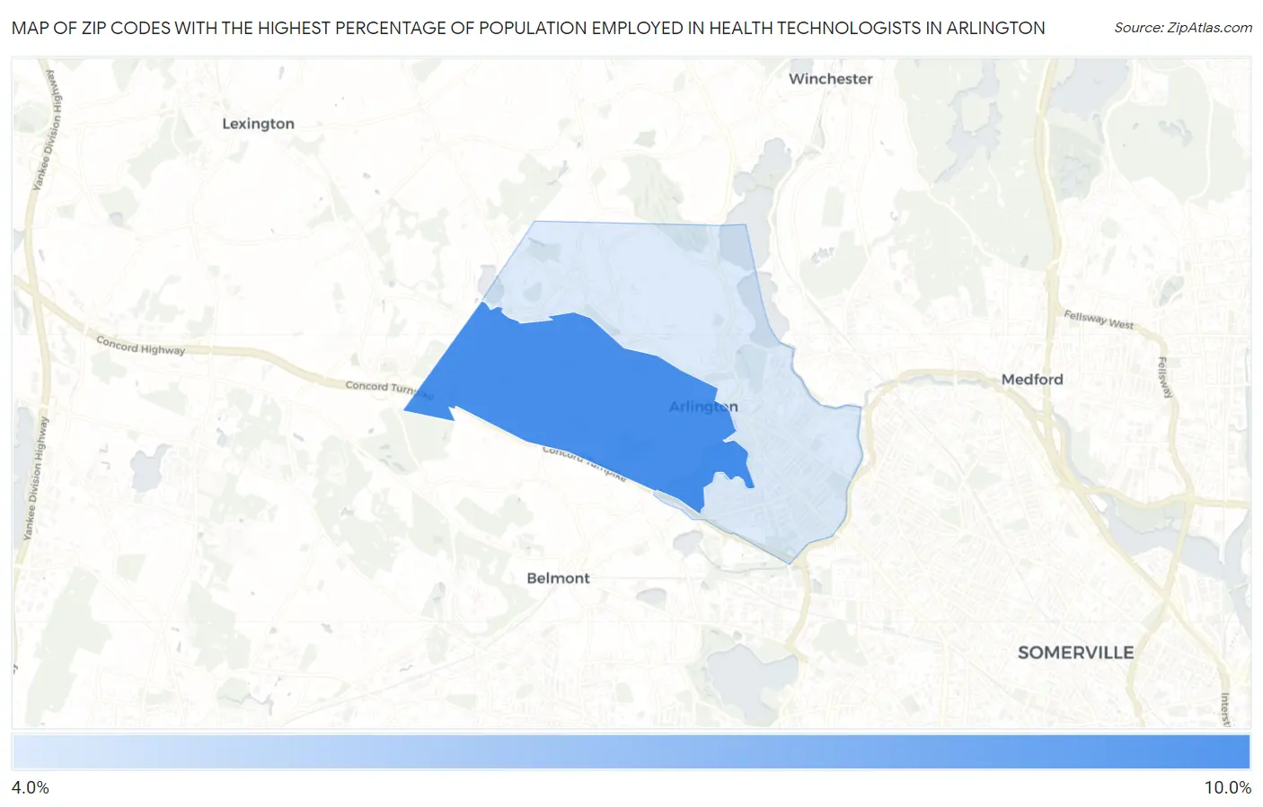 Zip Codes with the Highest Percentage of Population Employed in Health Technologists in Arlington Map