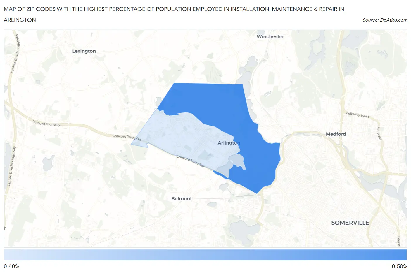 Zip Codes with the Highest Percentage of Population Employed in Installation, Maintenance & Repair in Arlington Map