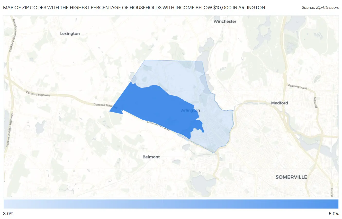Zip Codes with the Highest Percentage of Households with Income Below $10,000 in Arlington Map