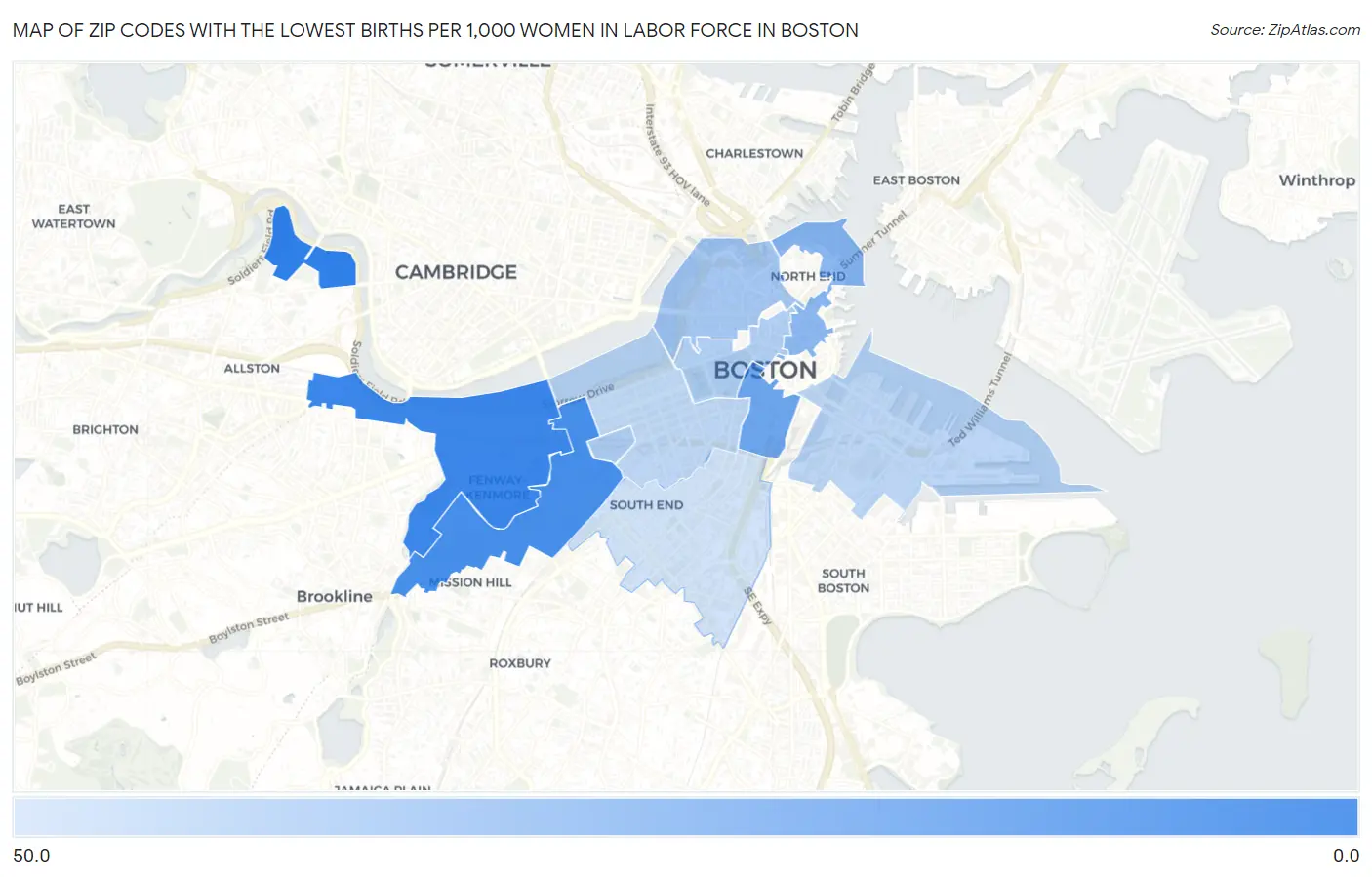 Zip Codes with the Lowest Births per 1,000 Women in Labor Force in Boston Map