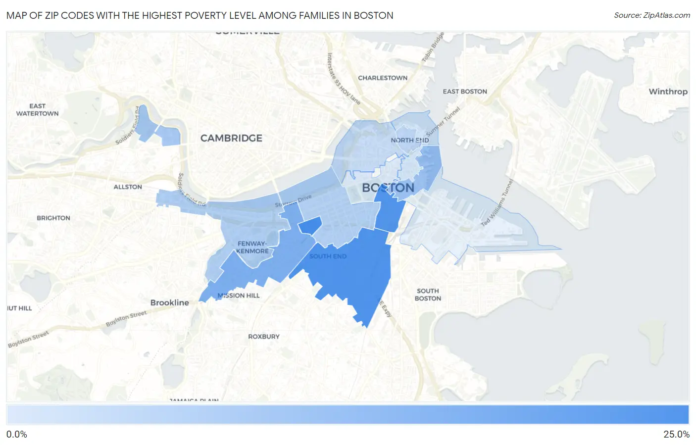 Zip Codes with the Highest Poverty Level Among Families in Boston Map