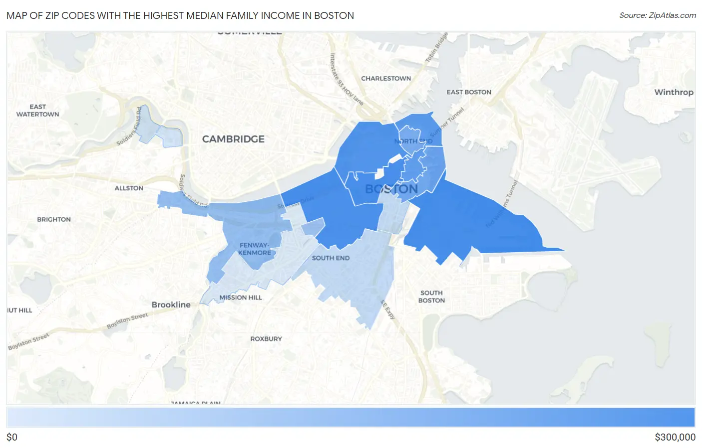 Zip Codes with the Highest Median Family Income in Boston Map