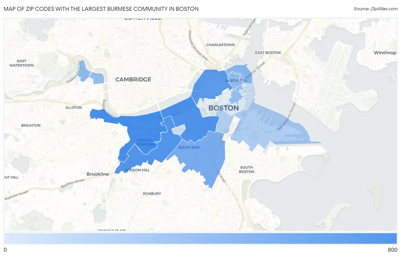 Zip Codes with the Largest Burmese Community in Boston Map