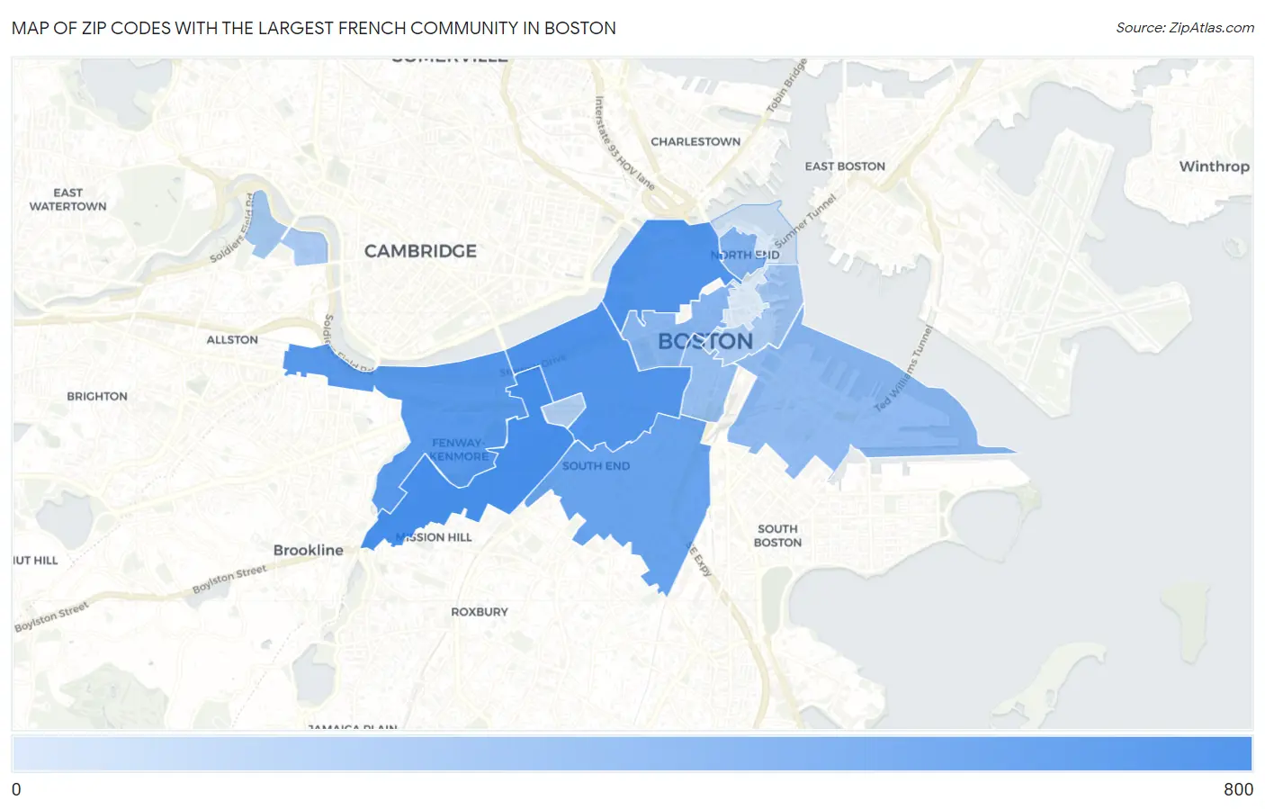 Zip Codes with the Largest French Community in Boston Map