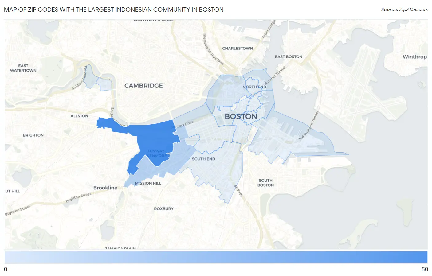 Zip Codes with the Largest Indonesian Community in Boston Map