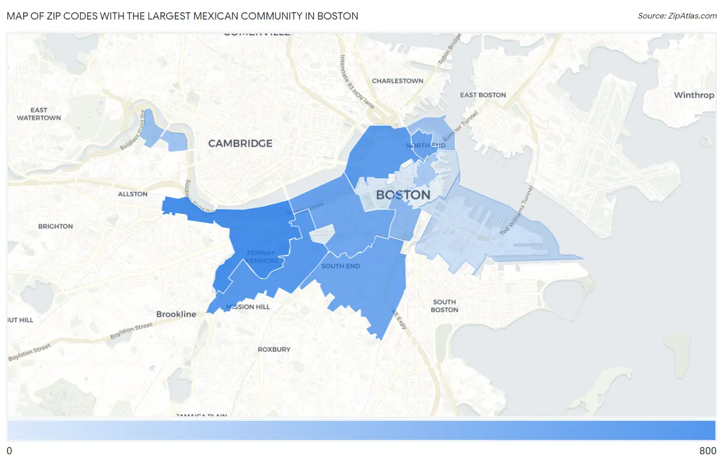 Zip Codes with the Largest Mexican Community in Boston Map