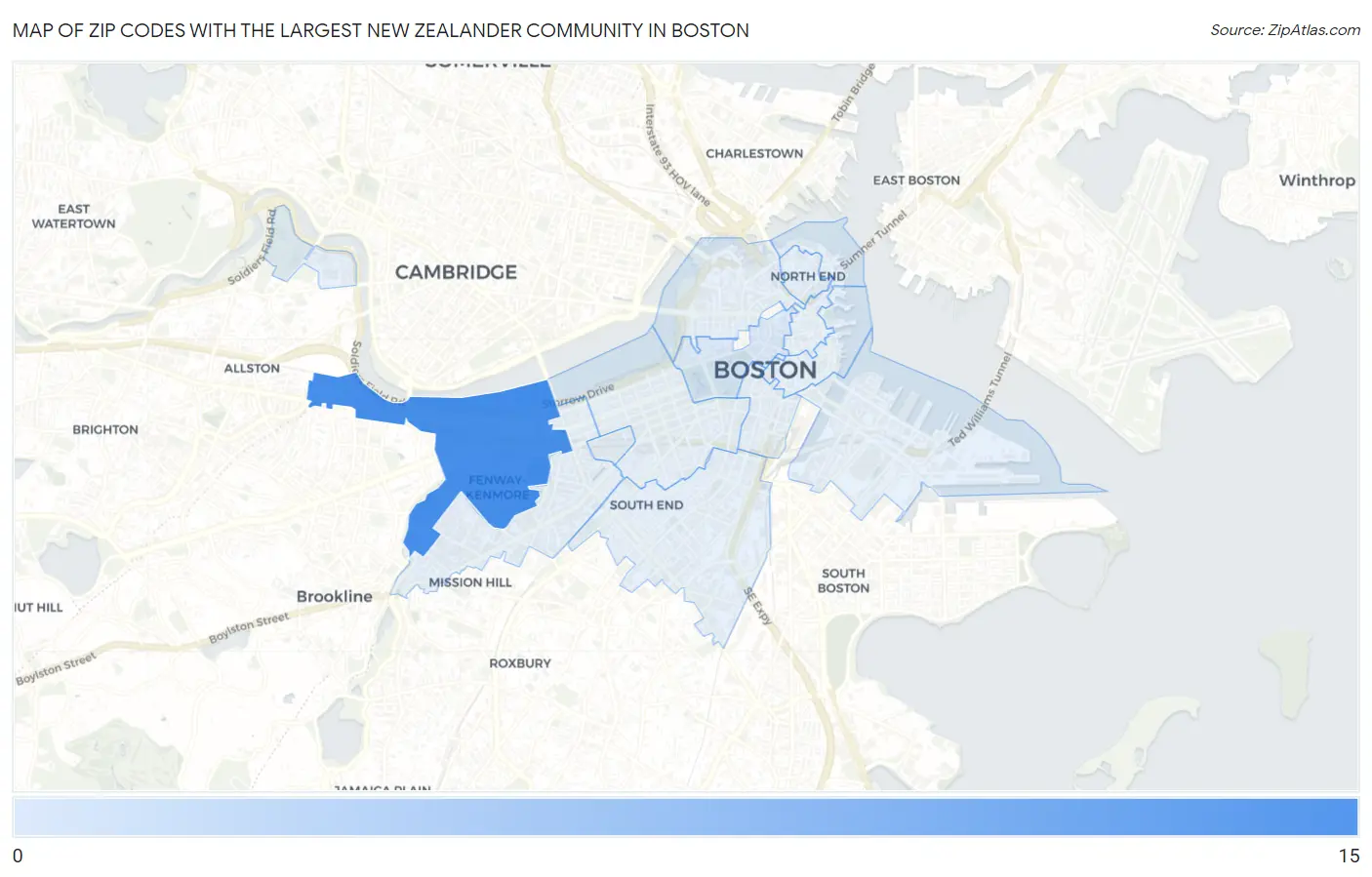 Zip Codes with the Largest New Zealander Community in Boston Map