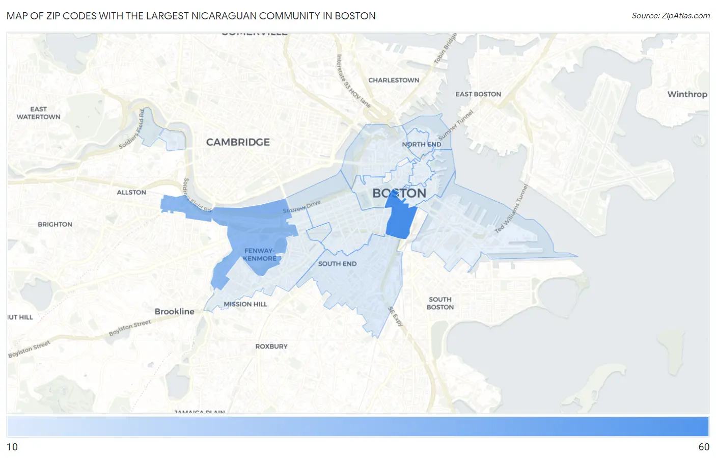 Zip Codes with the Largest Nicaraguan Community in Boston Map