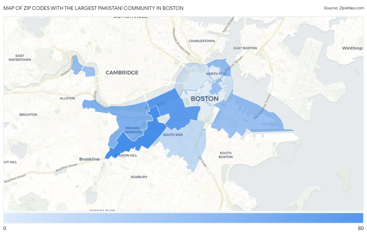Zip Codes with the Largest Pakistani Community in Boston Map