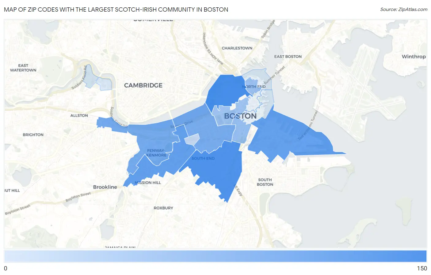 Zip Codes with the Largest Scotch-Irish Community in Boston Map