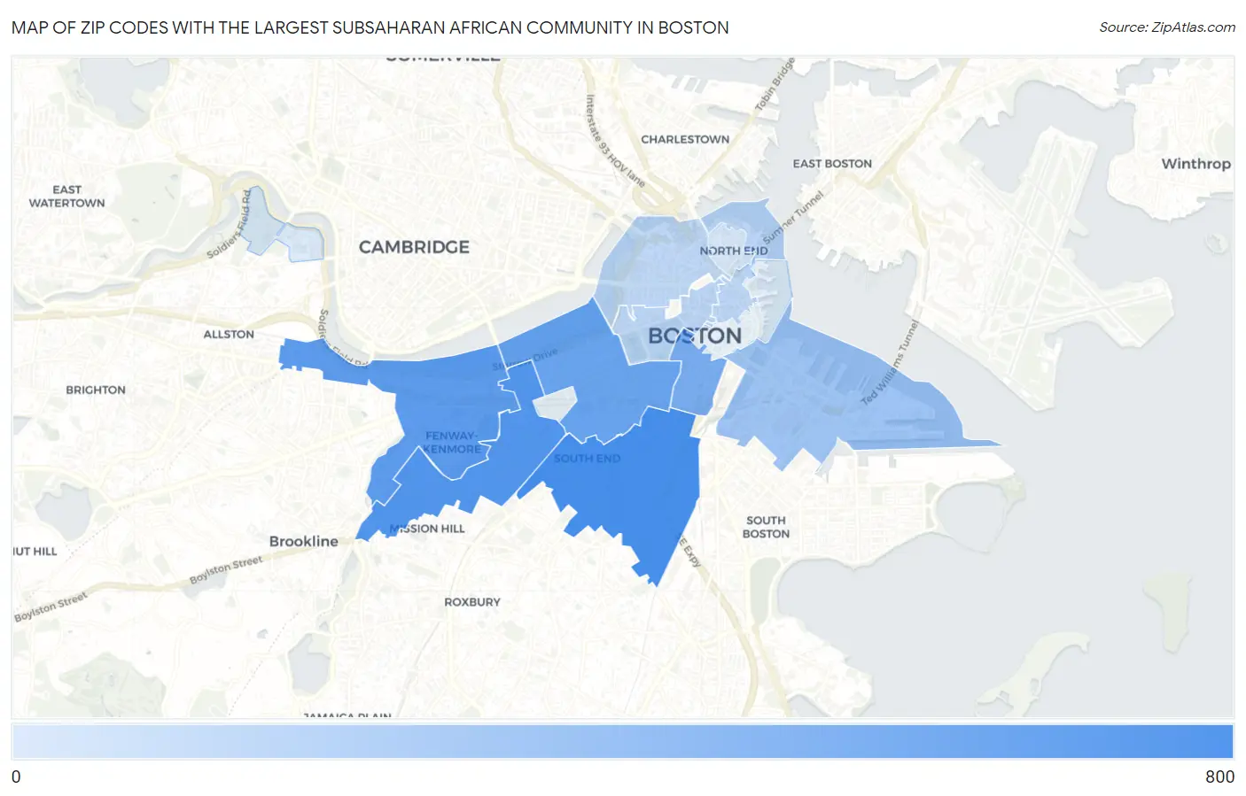 Zip Codes with the Largest Subsaharan African Community in Boston Map