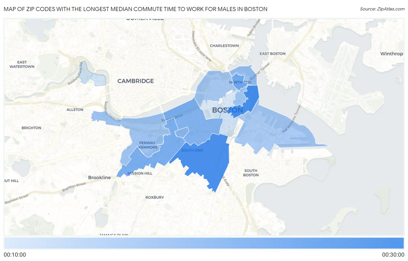 Zip Codes with the Longest Median Commute Time to Work for Males in Boston Map