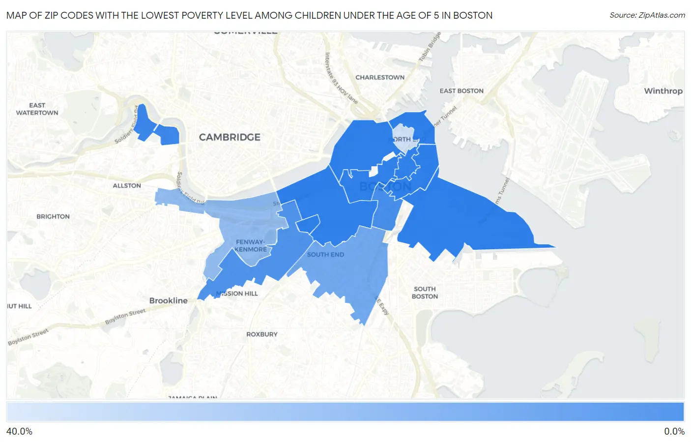 Zip Codes with the Lowest Poverty Level Among Children Under the Age of 5 in Boston Map