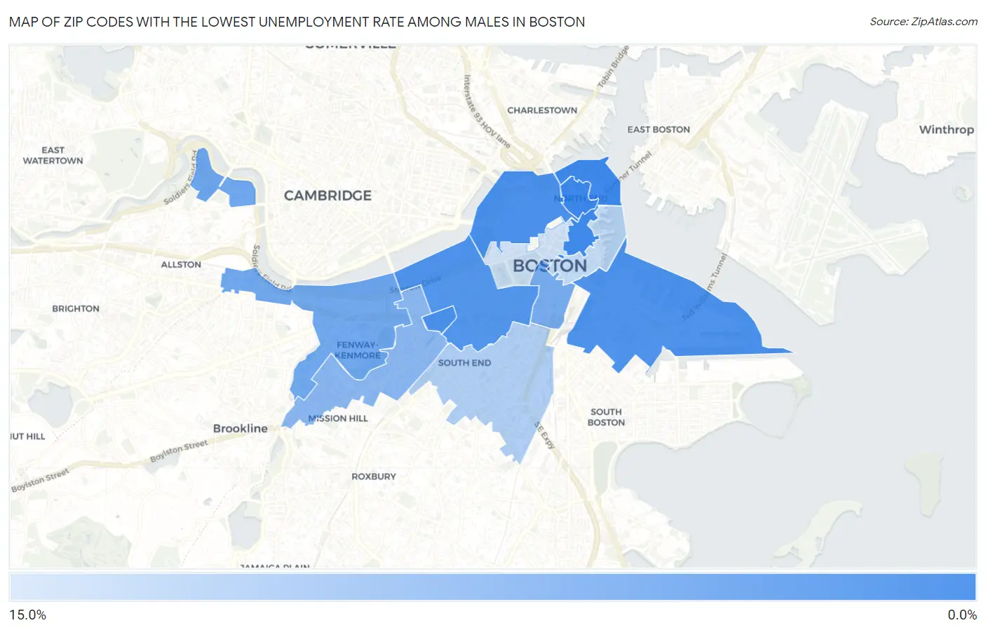Zip Codes with the Lowest Unemployment Rate Among Males in Boston Map