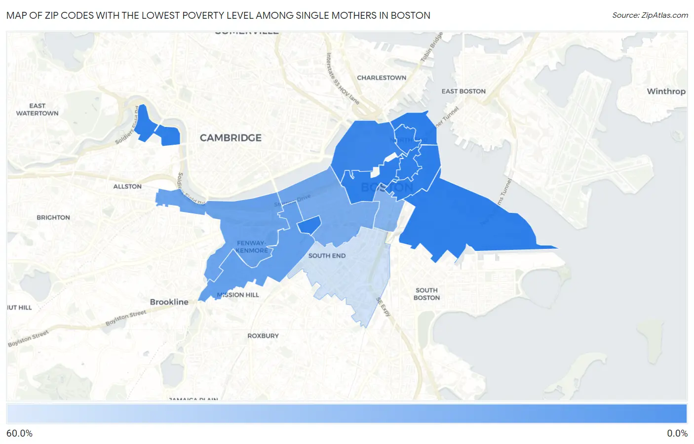 Zip Codes with the Lowest Poverty Level Among Single Mothers in Boston Map