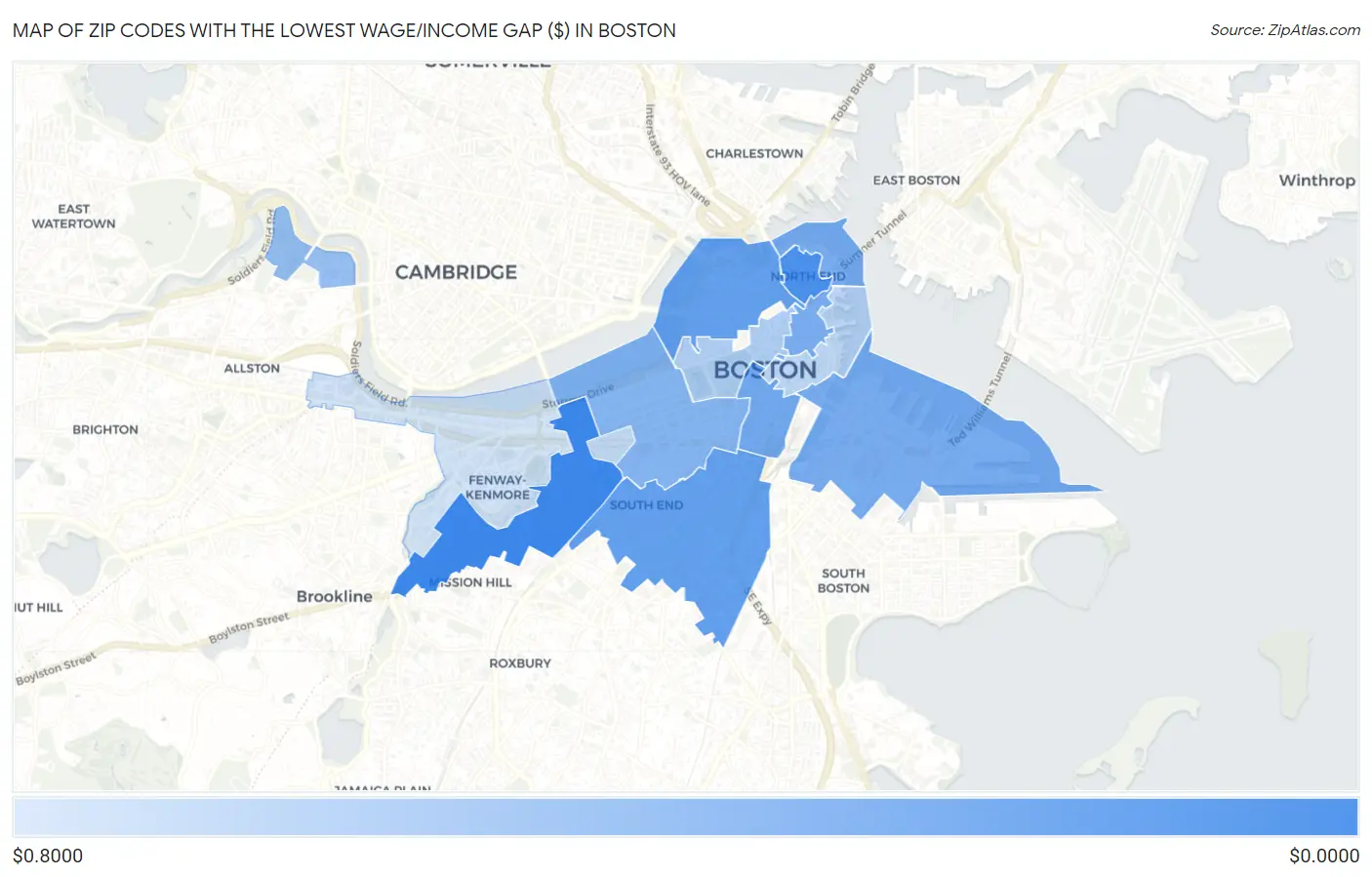 Zip Codes with the Lowest Wage/Income Gap ($) in Boston Map