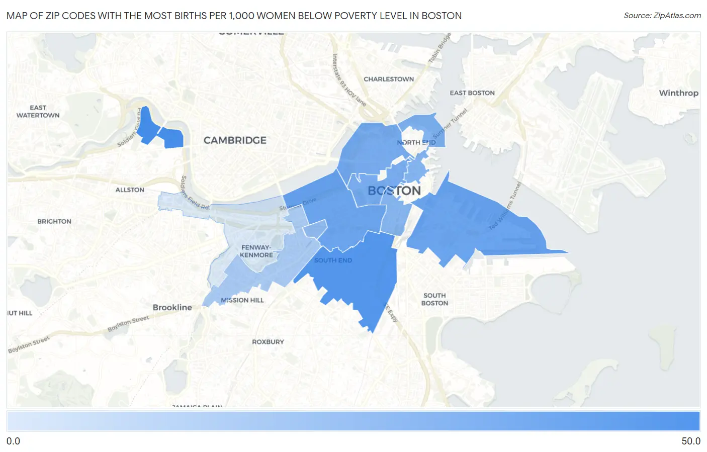 Zip Codes with the Most Births per 1,000 Women Below Poverty Level in Boston Map