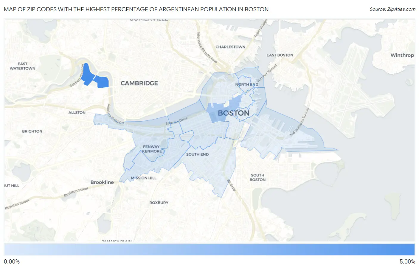 Zip Codes with the Highest Percentage of Argentinean Population in Boston Map