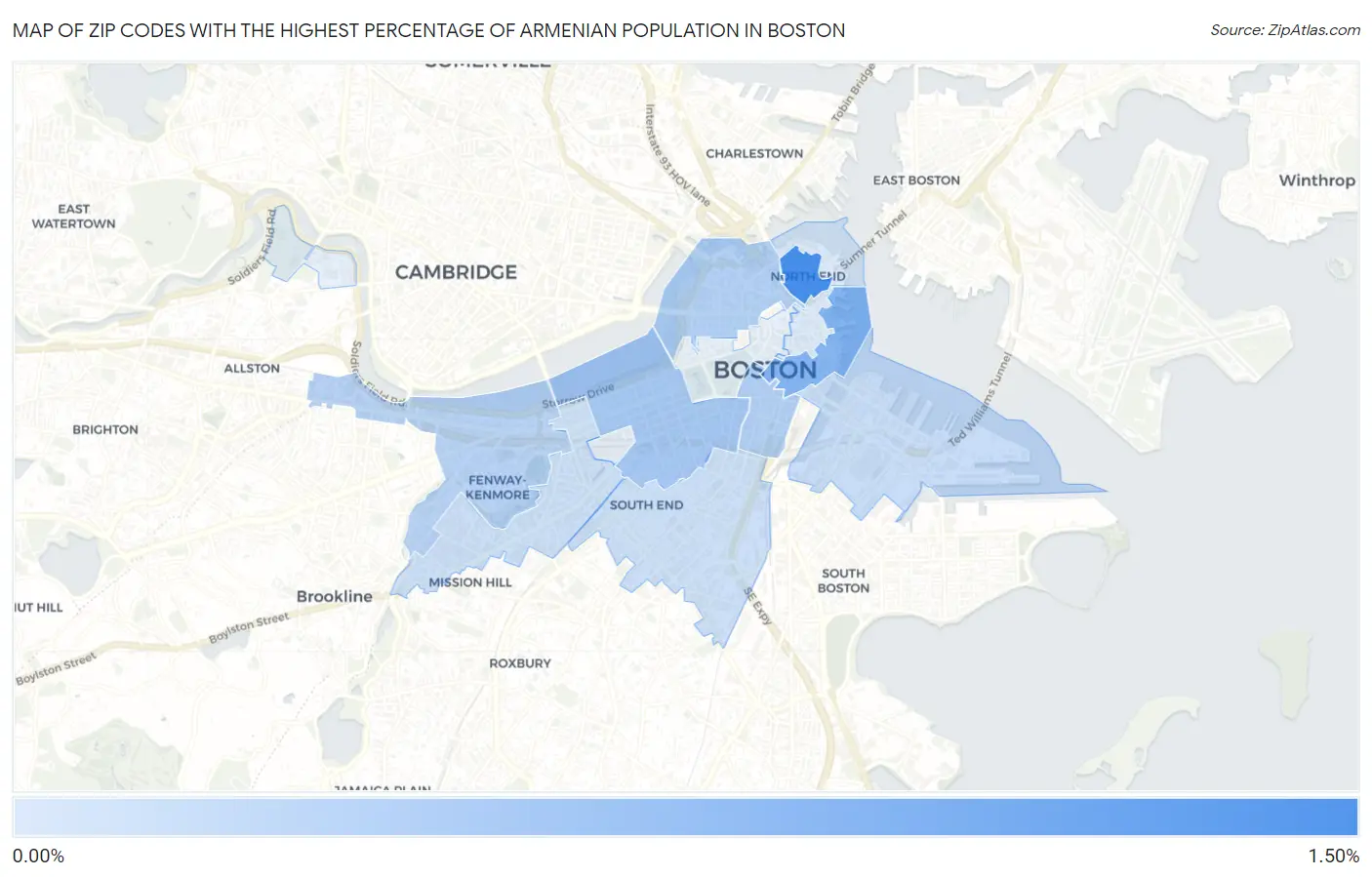 Zip Codes with the Highest Percentage of Armenian Population in Boston Map