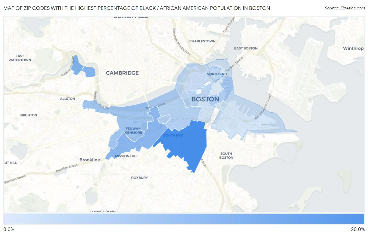 Zip Codes with the Highest Percentage of Black / African American Population in Boston Map