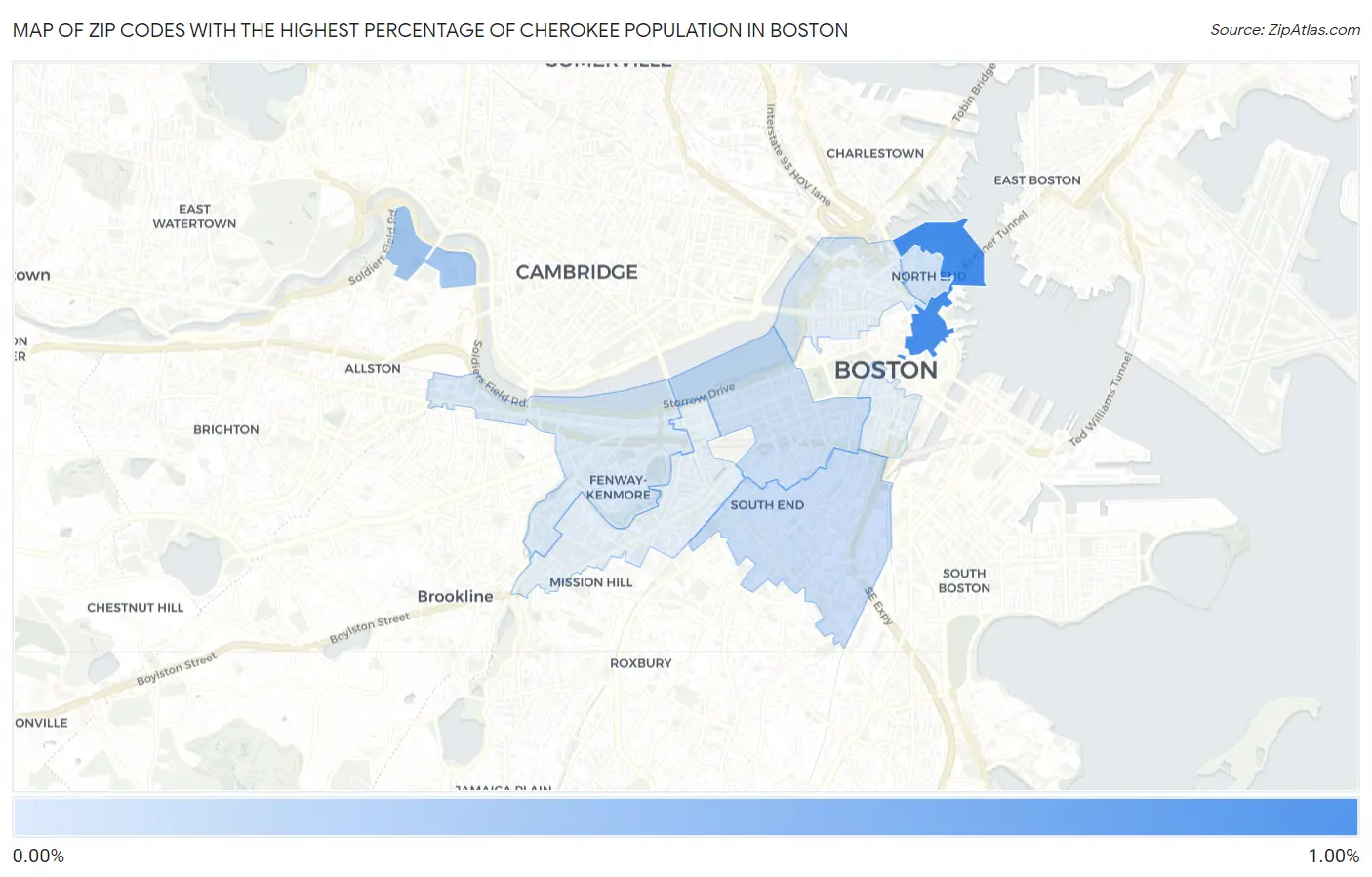 Zip Codes with the Highest Percentage of Cherokee Population in Boston Map