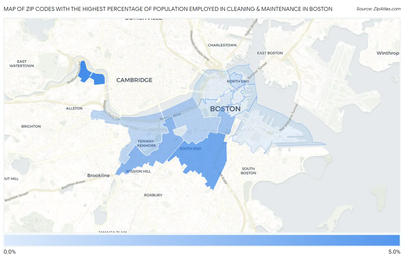 Zip Codes with the Highest Percentage of Population Employed in Cleaning & Maintenance in Boston Map