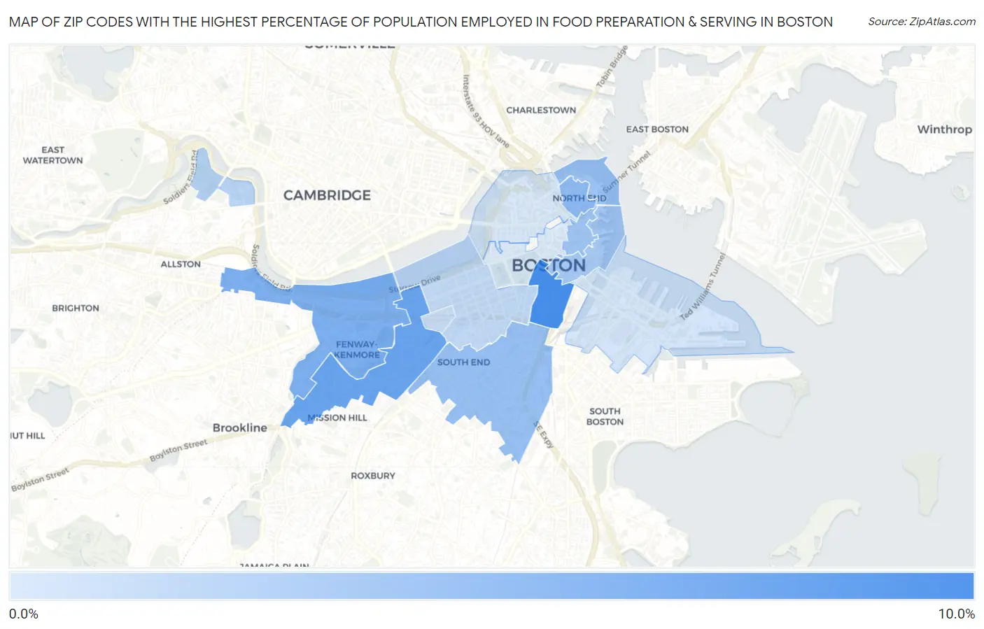 Zip Codes with the Highest Percentage of Population Employed in Food Preparation & Serving in Boston Map