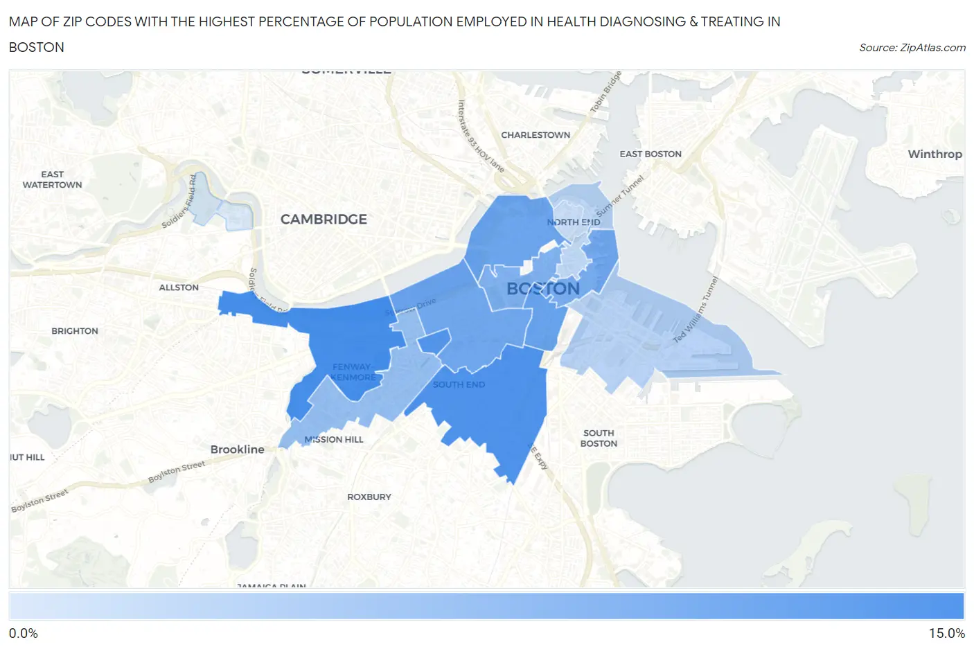 Zip Codes with the Highest Percentage of Population Employed in Health Diagnosing & Treating in Boston Map
