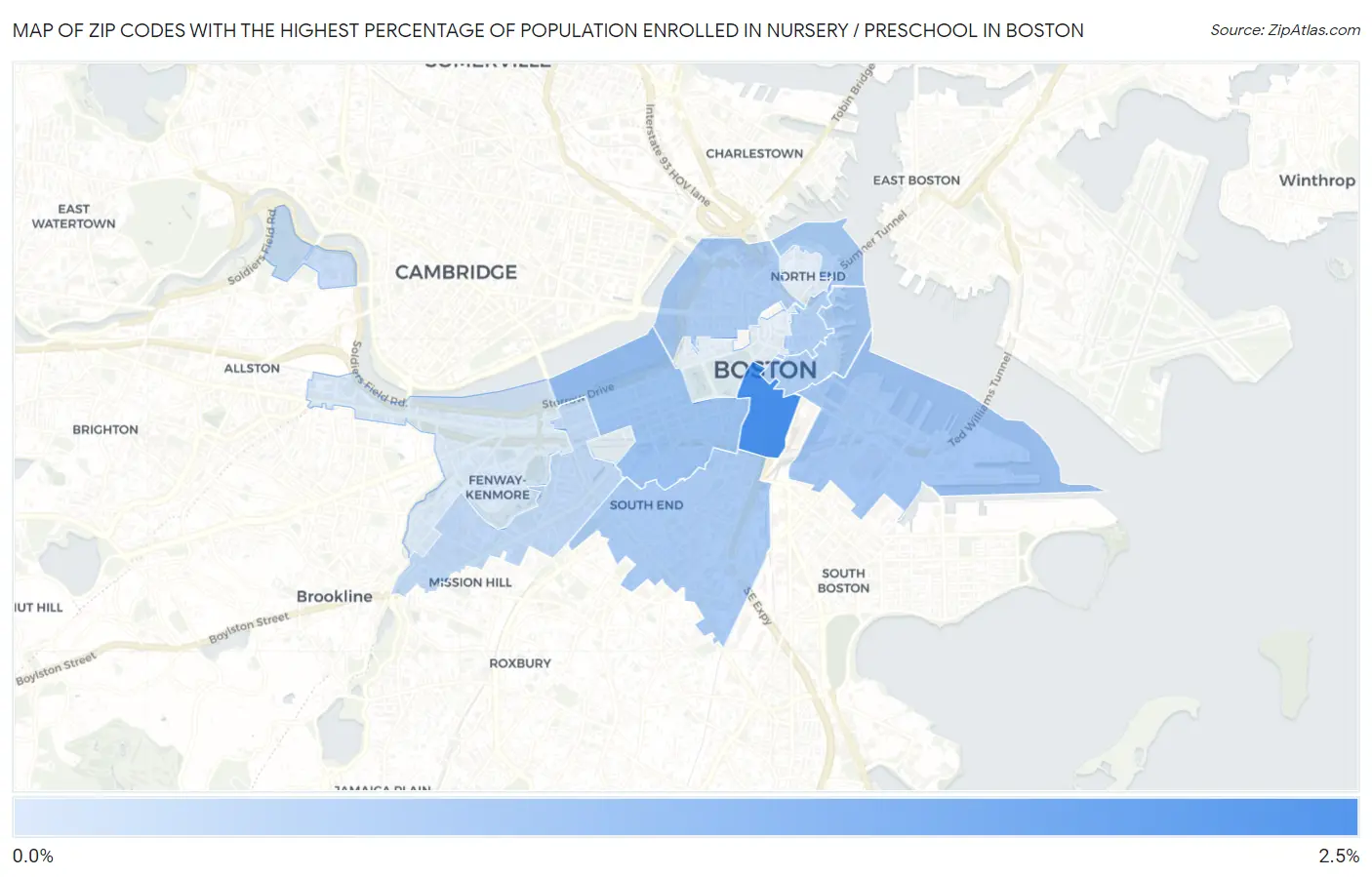 Zip Codes with the Highest Percentage of Population Enrolled in Nursery / Preschool in Boston Map