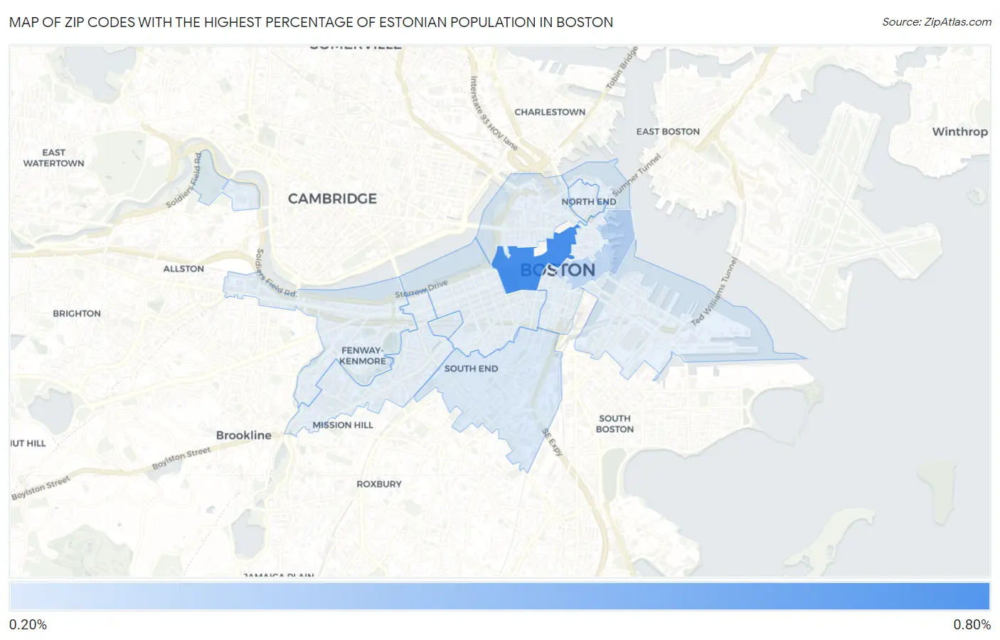 Zip Codes with the Highest Percentage of Estonian Population in Boston Map