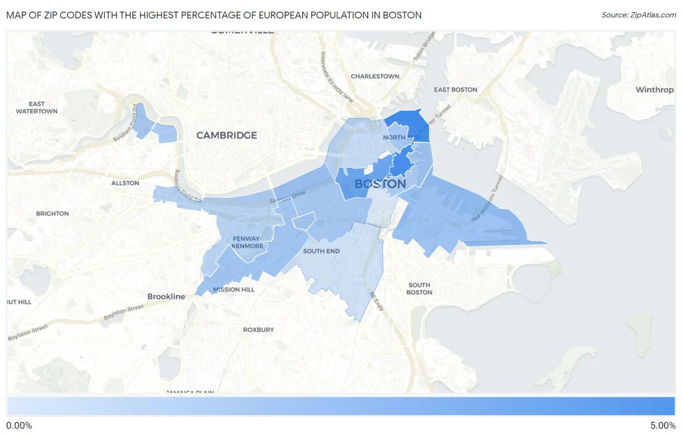 Zip Codes with the Highest Percentage of European Population in Boston Map