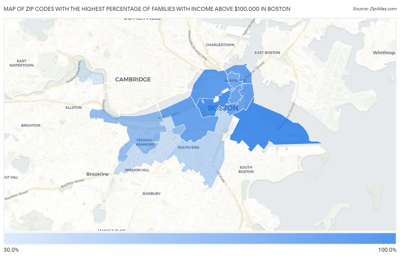 Zip Codes with the Highest Percentage of Families with Income Above $100,000 in Boston Map