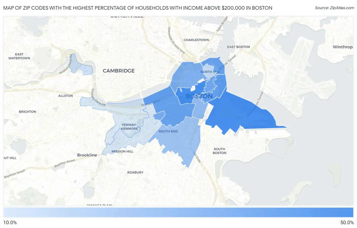 Zip Codes with the Highest Percentage of Households with Income Above $200,000 in Boston Map