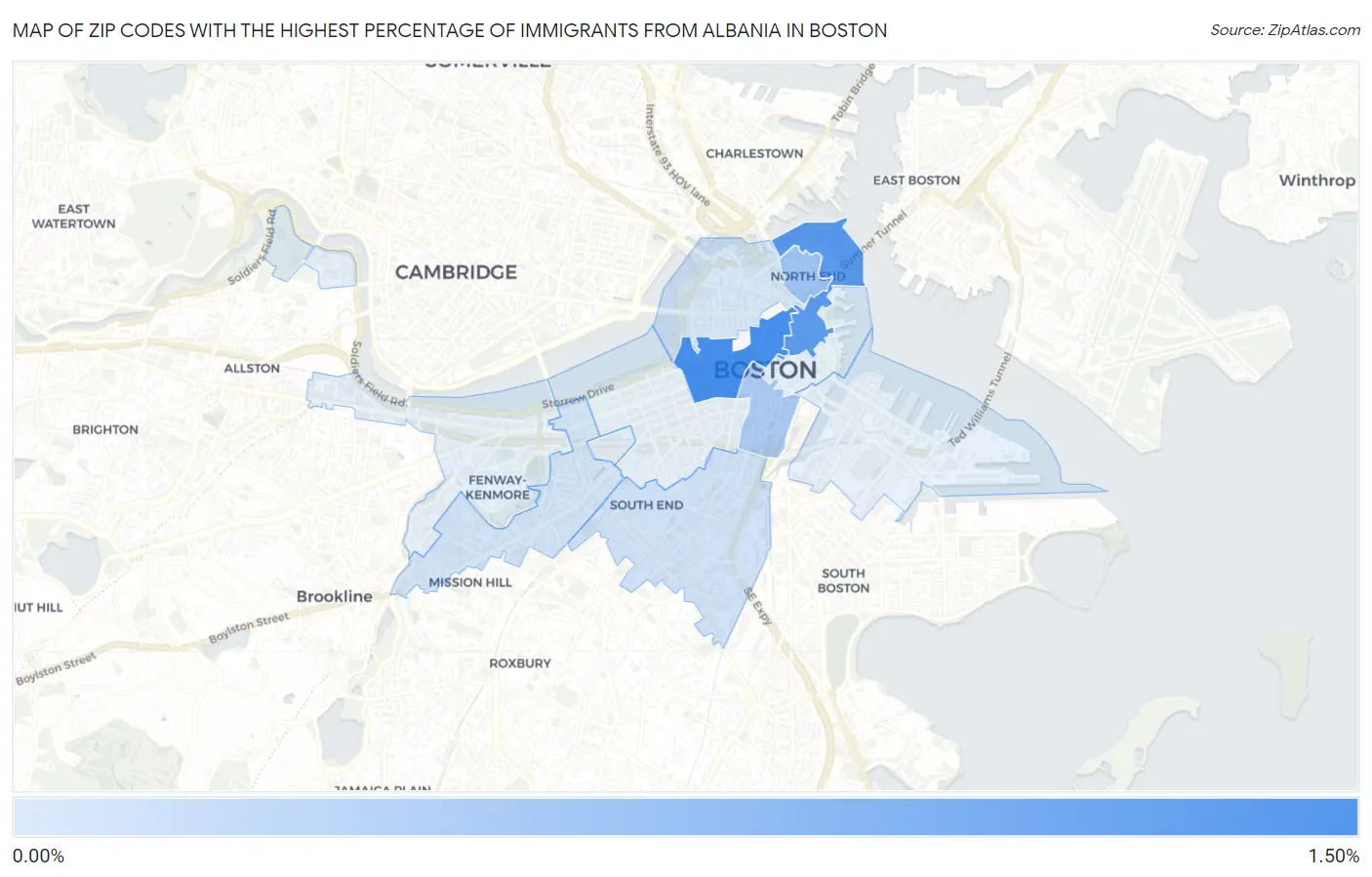 Zip Codes with the Highest Percentage of Immigrants from Albania in Boston Map