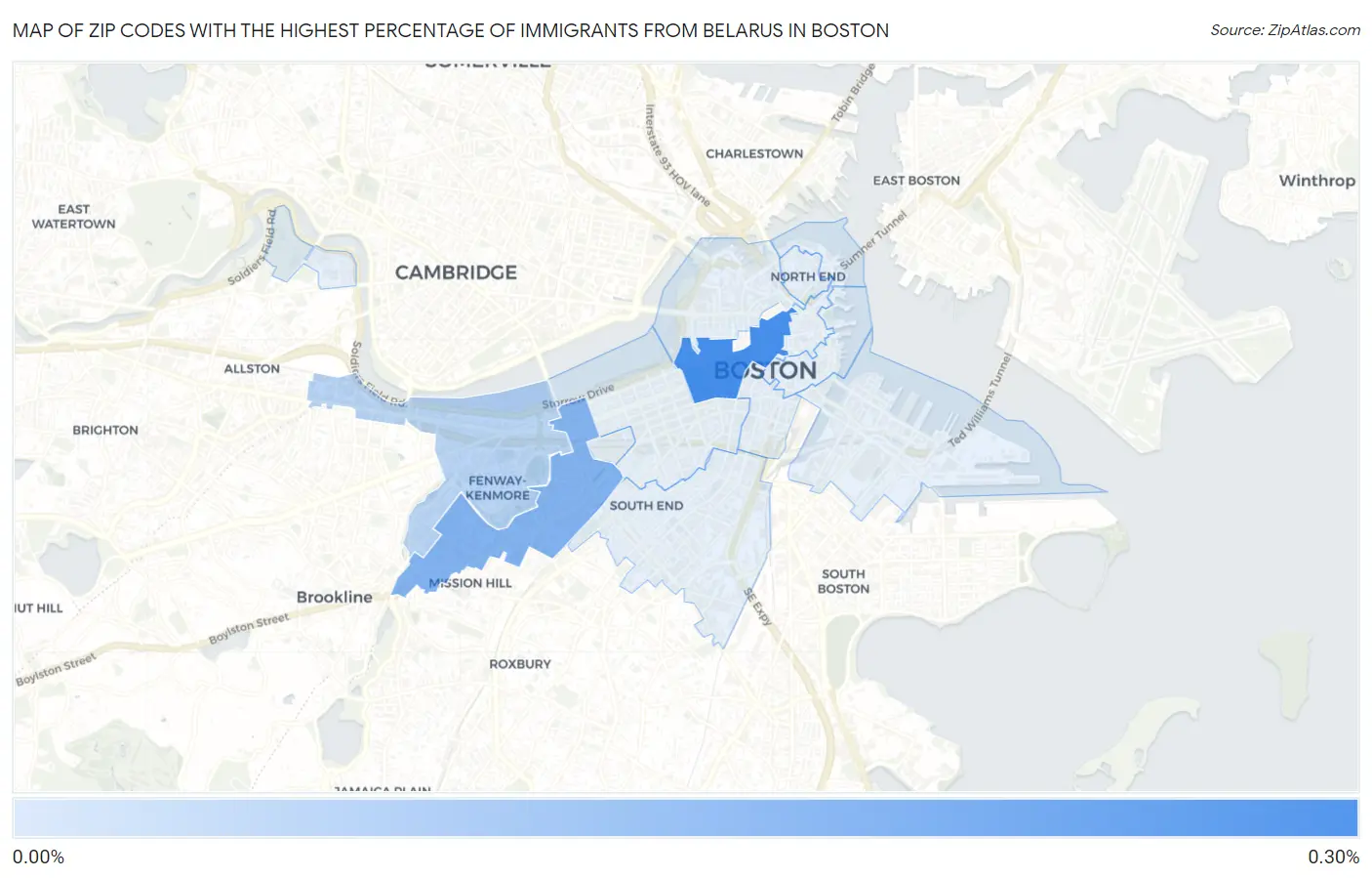 Zip Codes with the Highest Percentage of Immigrants from Belarus in Boston Map