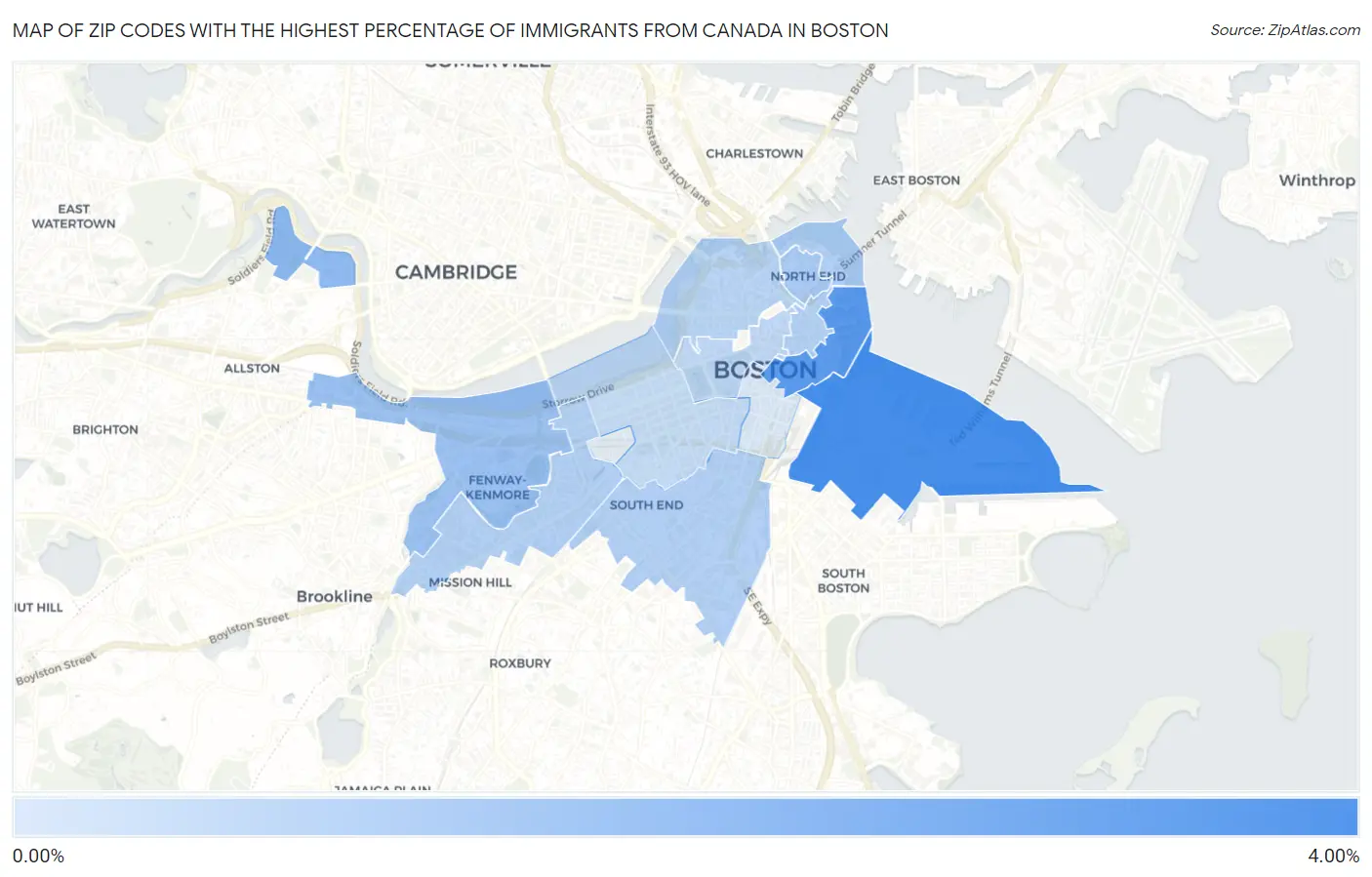 Zip Codes with the Highest Percentage of Immigrants from Canada in Boston Map